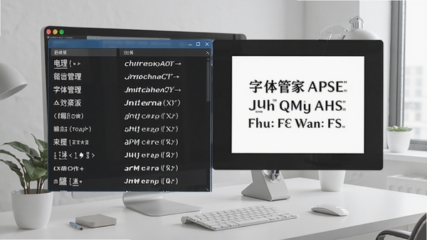 字体管家电脑版主界面展示,左侧字体列表,右侧预览窗口,背景为现代办公桌面,风格简洁明亮,突出字体管理功能