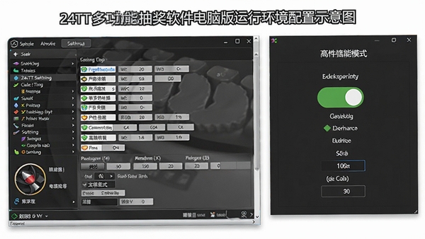 24TT多功能抽奖软件电脑版运行环境配置示意图,画面展示电脑控制面板中的显卡设置界面,以及软件内的高性能模式开关选项,风格写实,界面清晰