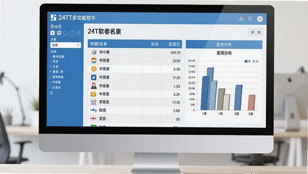 24TT多功能抽奖软件数据报表界面,电脑屏幕上是清晰的表格图表,显示中奖者名单和奖项分布,左侧有数据筛选工具栏,整体界面简洁专业,蓝白配色,扁平化设计风格