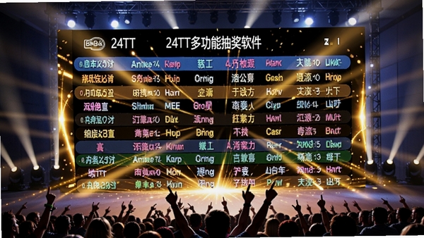 24TT多功能抽奖软件大屏展示效果,宽屏LED屏幕上显示着彩色名字滚动列表,金色光效四射,舞台下方有观众欢呼的剪影,场景宏大,色彩鲜艳,数码艺术风格