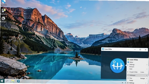 ������һ��չʾѸ�ױ�ֽ���԰���Windows���������е�ʵ��ͼ��������������ʾһ�ŷ羰��ֽ�����½���Ѹ�ױ�ֽ��������ͼ�꣬���������ò˵������廷����������������������������ԡ�