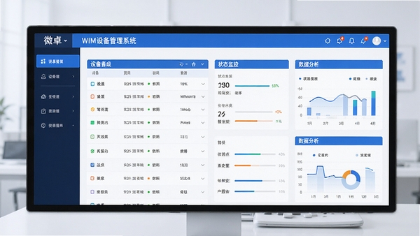 微卓WIM设备管理系统界面概览,展示设备列表、状态监控和数据分析仪表盘,界面简洁现代,采用蓝白配色,图标清晰,整体风格专业科技感。