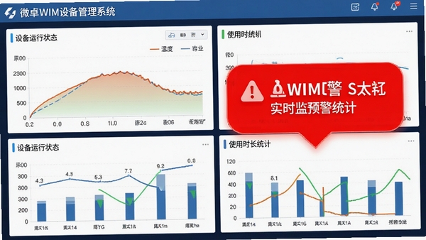 微卓WIM设备管理系统实时监控预警界面,展示设备运行状态图表,包含温度曲线、使用时长统计,并显示红色预警提示气泡。