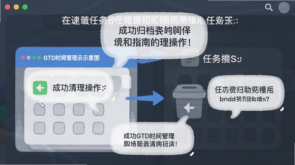 成功GTD时间管理使用指南示意图,展示任务归档和清理操作,界面有提示气泡,风格简洁友好