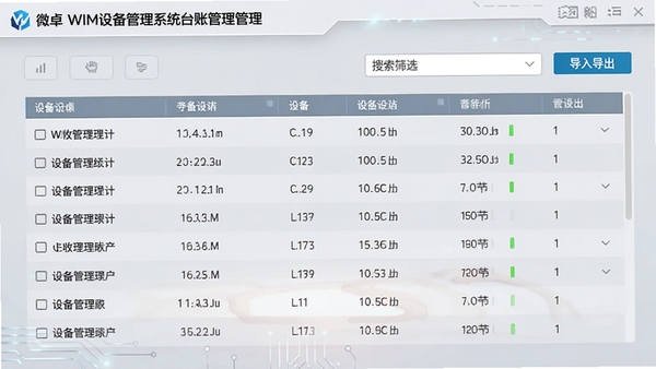 ΢׿WIM�豸����ϵͳ̨�˹������棬չʾ�豸�б�������ɸѡ��͵��뵼����ť������Ϊǳ��ɫ�Ƽ����