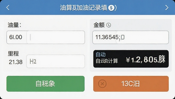 油耗计算工具加油记录填写界面,显示油量、金额、里程输入框,以及自动计算出的油耗结果,界面清晰,按钮醒目