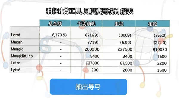 油耗计算工具月度费用统计报表,包含总金额、平均油耗、里程等数据,表格样式整洁,导出按钮显眼