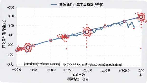 油耗计算工具趋势折线图,横轴为加油次数,纵轴为百公里油耗,异常点用红色圆圈标出,底部有原因备注,整体风格专业