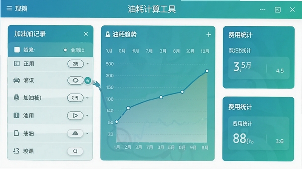 油耗计算工具主界面展示,包含加油记录列表、油耗趋势折线图、费用统计卡片,风格简洁现代,蓝绿色调,软件名称置于界面顶部