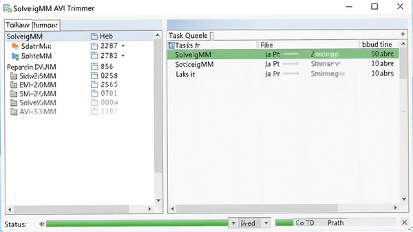SolveigMM AVI Trimmer���������棬����ļ��б����Ҳ�������У�״̬����ʾ���ȣ��������Ч