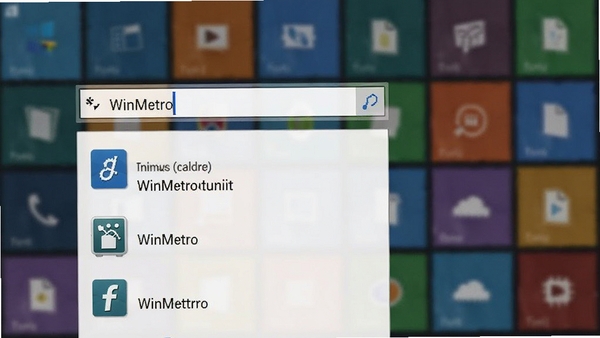 WinMetro搜索功能演示,搜索框输入关键词后下方显示匹配的应用和文件列表,磁贴背景虚化突出搜索框。