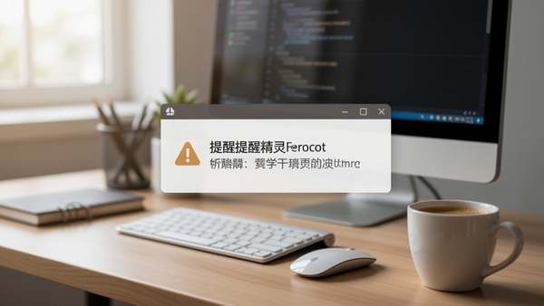 桌面提醒精灵专业版在电脑桌面上弹出提醒通知的实拍场景,背景为办公桌面,通知窗口清晰显示提醒内容,旁边有一杯咖啡,整体氛围轻松高效。