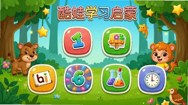 ����ѧϰ����������չʾ��ɫ�����޵Ŀ�ͨ��񣬰���ƴ������ѧ��Ӣ���ѧ��ģ��ͼ�꣬������ɭ�֡�������ǵ�Ԫ�أ������������ã��ʺ϶�ͯ�Ӿ���