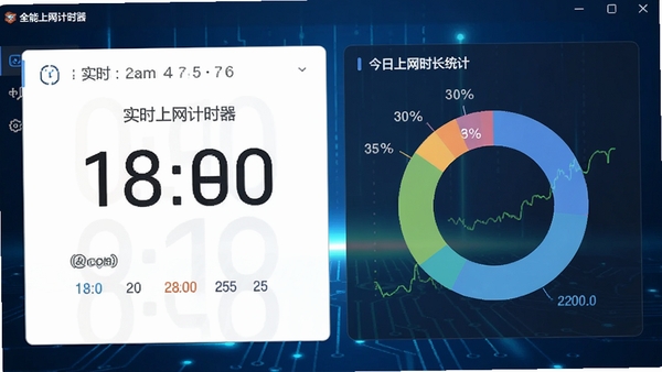 全能上网计时器主界面截图,展示实时计时面板与今日上网时长统计图表,界面风格现代简洁,蓝色系科技感背景,清晰显示各软件联网时间占比环形图