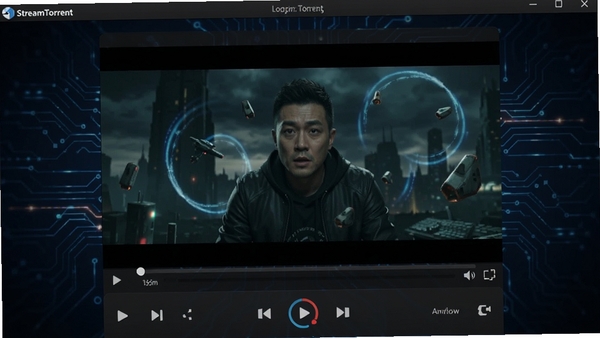 StreamTorrent软件主界面截图,展示高清视频播放画面与简洁的控制面板,背景为深色科技感风格,突出流畅播放与高速下载特性