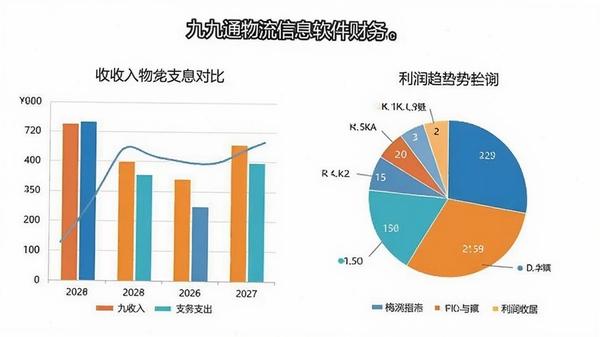 九九通物流信息软件财务分析图表,包含柱状图和饼图,展示收入支出对比和利润趋势,配色专业