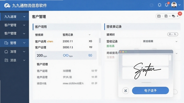 九九通物流信息软件客户管理页面,展示客户详情和签收记录,包含电子签名板示意,界面友好