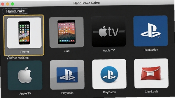 HandBrakeԤ��ѡ����棬չʾ�����豸ͼ�꣬��iPhone��iPad��Apple TV��PlayStation�ȣ�������ʾ��ǰѡ����