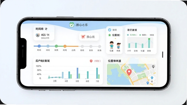 一张手机屏幕显示放心乐儿童锁的家长端管理界面,包含时间轴、应用统计、位置地图等图表,风格简洁现代,色彩明快。