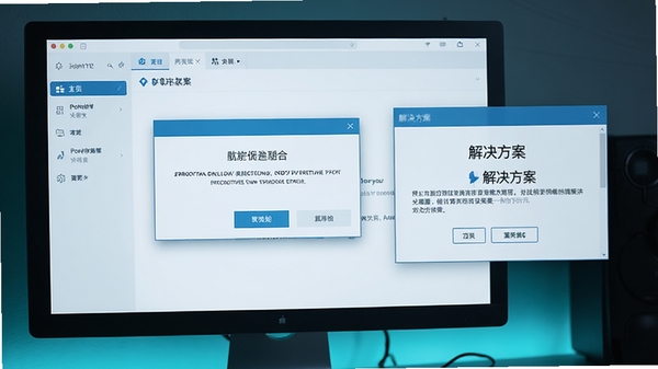 一张电脑屏幕显示错误提示对话框,旁边有“解决方案”的弹窗,背景为软件主界面,配色冷静,突出科技感。
