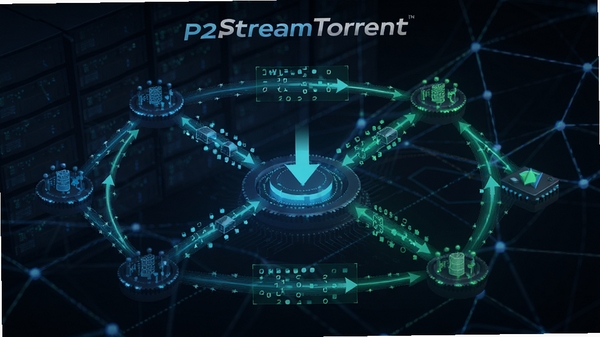 StreamTorrent��P2P��������ʾ��ͼ��չʾ����ڵ����Ӻ����ݴ��䶯��������Ϊ�Ƽ���������ɫ����ɫ��������ͬ�ڵ㣬ͻ�������������⡣