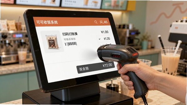 �ɿ�����ϵͳɨ����˲������棬����Ա�ֳ�ɨ��ǹɨ����Ʒ���룬��Ļ��ʾ��Ʒ��Ϣ�ͽ�����Ϊ�̲���̨