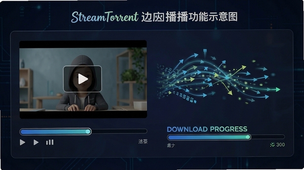 StreamTorrent���±߲�����ʾ��ͼ����ʾ��Ƶ�����������ؽ���ͬʱ���У���������������Ч��