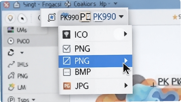 PK990ͼ����ȡ��ʽѡ��˵���д�������б�չ����ʾICO��PNG��BMP��JPGѡ�����Ϊ���������ڣ����ָ��ָ��PNG��ʽ��������������