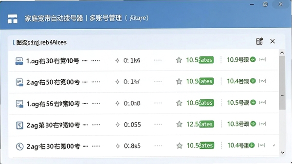 家庭宽带自动拨号器多账号管理界面,展示多个宽带账号列表及状态图标,界面整洁有序