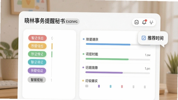 晓林事务提醒秘书智能日程规划界面,显示彩色分类标签、进度条和推荐时间气泡,背景柔和,界面友好
