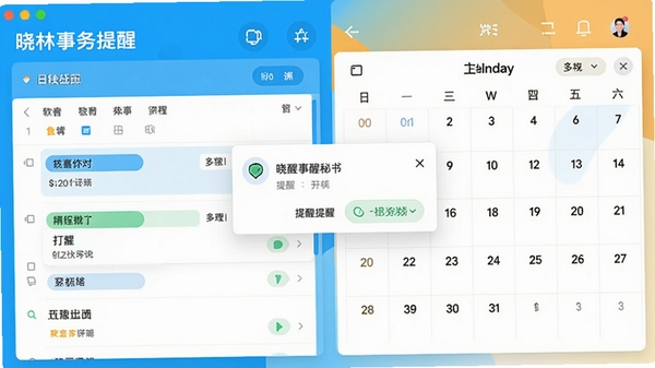 晓林事务提醒秘书主界面截图,展示日程列表、提醒弹窗和日历视图,风格简洁现代,色彩明亮,突出软件名称和核心功能
