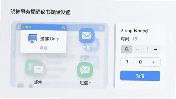 晓林事务提醒秘书提醒设置页面,展示多种提醒方式图标(弹窗、邮件、短信),时间选择器,界面清晰易用