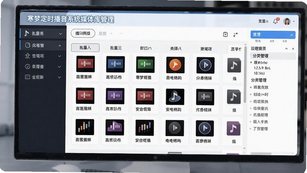 寒梦定时播音系统媒体库管理界面,展示多种音频格式文件列表,支持批量导入和分类管理,界面整洁,功能全面。