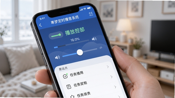寒梦定时播音系统远程控制界面,模拟手机端控制页面,显示播放状态、音量调节和任务列表,体现移动操控的便捷性。