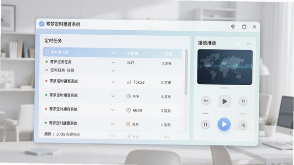 寒梦定时播音系统主界面截图,展示定时任务列表和播放控制面板,背景为现代简约风格,界面清晰,色彩柔和,突出软件的专业性和易用性。
