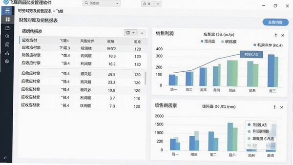 飞蝶商品批发管理软件财务对账及销售报表界面,展示应收应付列表、利润图表等元素