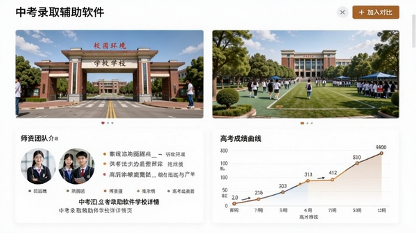 中考录取辅助软件学校详情页,展示学校大门照片、校园环境、师资团队介绍、高考成绩曲线图,右侧有“加入对比”按钮,界面布局清晰,信息层级分明