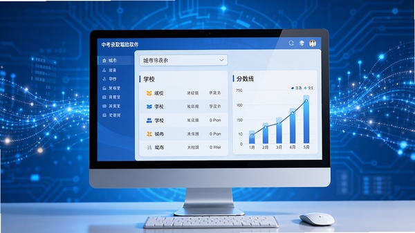 中考录取辅助软件主界面展示,包含城市选择、学校列表、分数线图表等核心功能模块,设计风格简洁清晰,蓝色科技感背景,电脑屏幕居中显示,周围有数据流动光效,整体画面明亮专业