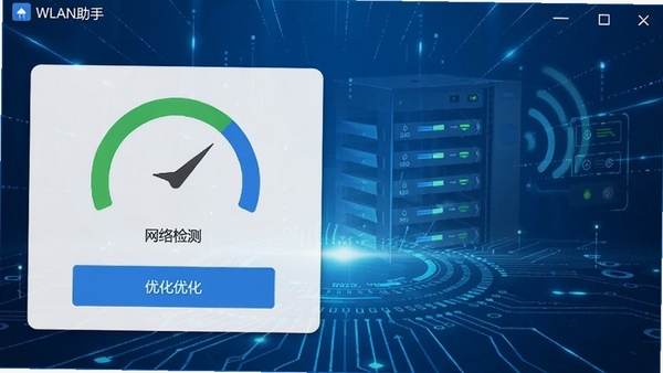 WLAN助手主界面截图,展示网络信号强度检测和优化按钮,界面简洁清晰,蓝色科技感背景