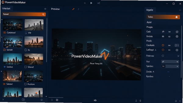 PowerVideoMaker������չʾͼ���ִ���Լ�������زĿ⣬�м�Ԥ�����ڣ��Ҳ�������壬����ɫ��Ϊ���������ȴ��䣬����רҵ�����