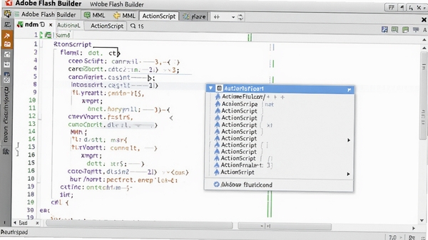 Adobe Flash Builder ����༭���� MXML �� ActionScript ��ϴ��룬��ʾ�Զ���ȫ�����б�