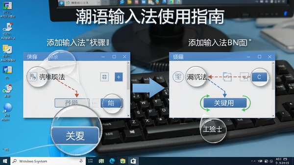 �������뷨ʹ��ָ��ʾ��ͼ��չʾ��Windowsϵͳ���������뷨�Ĳ��裬������ͷָʾ�͹ؼ���ť�Ŵ󣬱���Ϊ��������ͼ�����д��ǿ���������������׶�