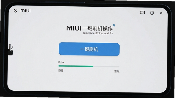MIUI一键刷机操作界面,显示一键刷机按钮和进度条,界面简洁明了,突出自动化功能