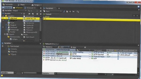 Flash Builder �ϵ���Խ��棬��ɫ������ǰִ���У����������ʾ�������ԣ����������չʾHTTP����