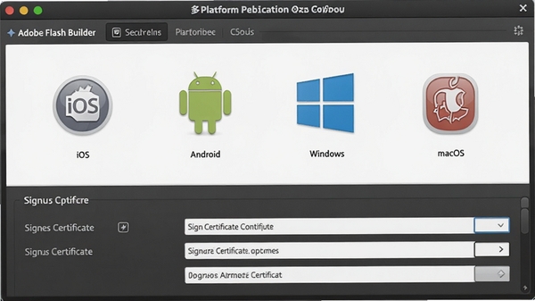 Adobe Flash Builder��ƽ̨�����򵼽��棬ѡ��Ŀ��ƽ̨ͼ�꣨iOS��Android��Windows��macOS�����·���ʾǩ��֤������ѡ����������ִ�