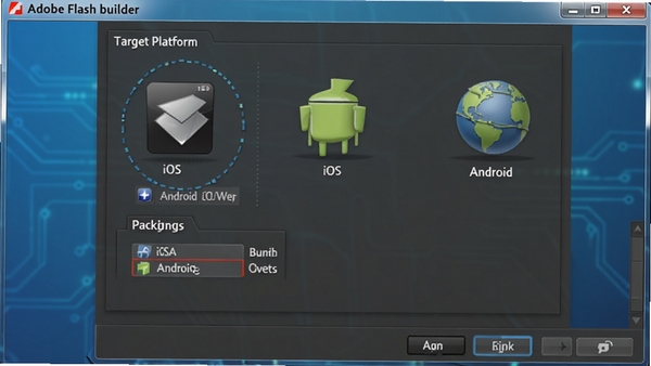 Adobe Flash builder�������ô��ڣ�ѡ��Ŀ��ƽ̨��iOS��Android��Web����ʾ���ѡ��ͼ�꣬����������ɫ�����Ƽ���