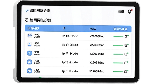 �����������豸ɨ����棬չʾ�������豸�б��������豸���ơ�IP��ַ��MAC��ַ���ź�ǿ�ȣ����������ִ�