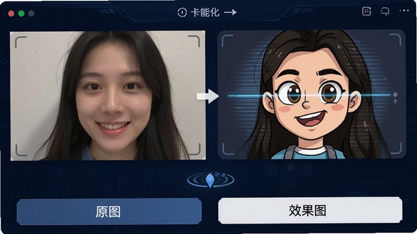 一张动态演示图,展示一张真实人像照片在照片卡通化软件中一键转换为卡通风格的过程,界面下方有“原图”与“效果图”对比按钮,背景为简洁的深蓝色科技界面,加载动画为扫描线效果,突出快速与智能