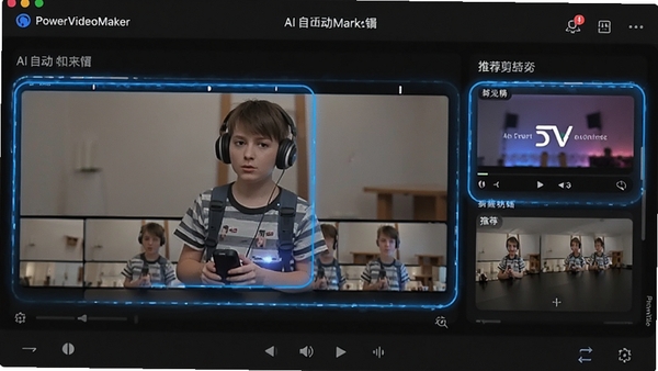 PowerVideoMaker���ܼ������ܽ��棬��ʾAI�Զ���ǵĳ���Ƭ�κ��Ƽ�ת��Ч������������ɫ������ʾ��