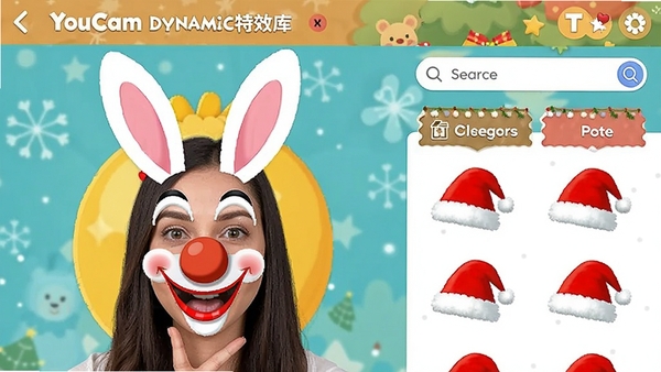YouCam��̬��Ч����棬չʾ���Ӷ��䡢С����ӡ�ʥ��ñ��AR��ֽЧ�����û�ͷ����ʵʱ������Ч���Ա���������ͷ����ǩ�����������Ȥ
